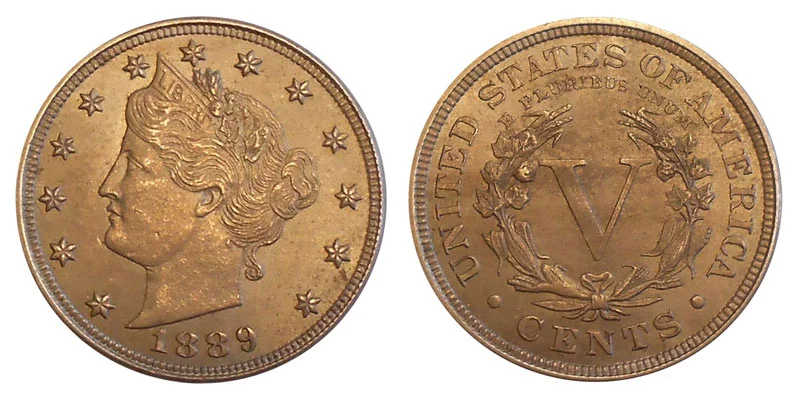 1889 Liberty Head V Nickel obverse and reverse showing Liberty portrait and V denomination
