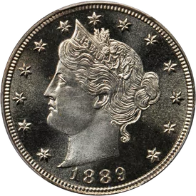 1889 Liberty Nickel proof strike showing deep mirror fields and frosted devices in collector holder