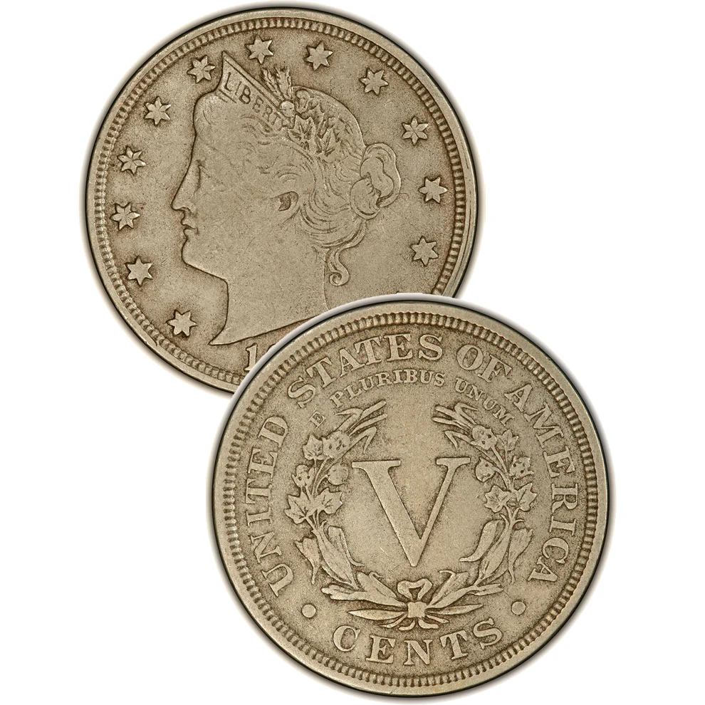 Grading strip showing four 1889 Liberty Head nickels from worn Good condition through gem Mint State